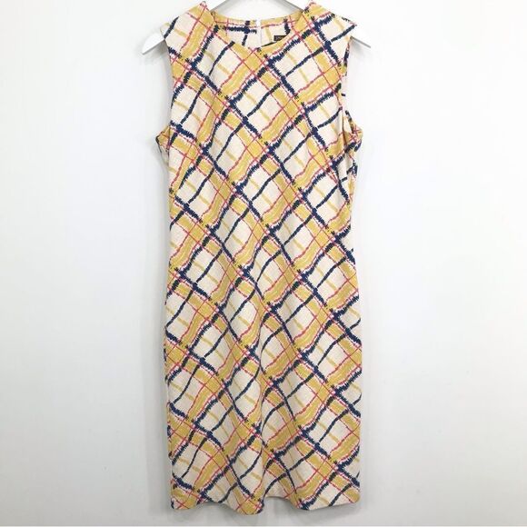 J. McLaughlin Yellow Navy Pink Geometric Plaid Midi Sheath Sleeveless Dress - Picture 4 of 16